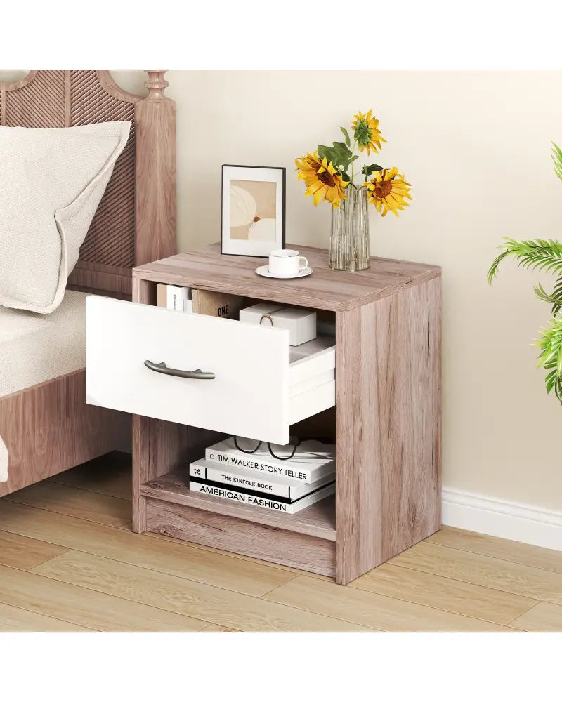 Bedside Table Nightstand with Drawer and Open Storage Shelf-Oak - Oak - Nightstands