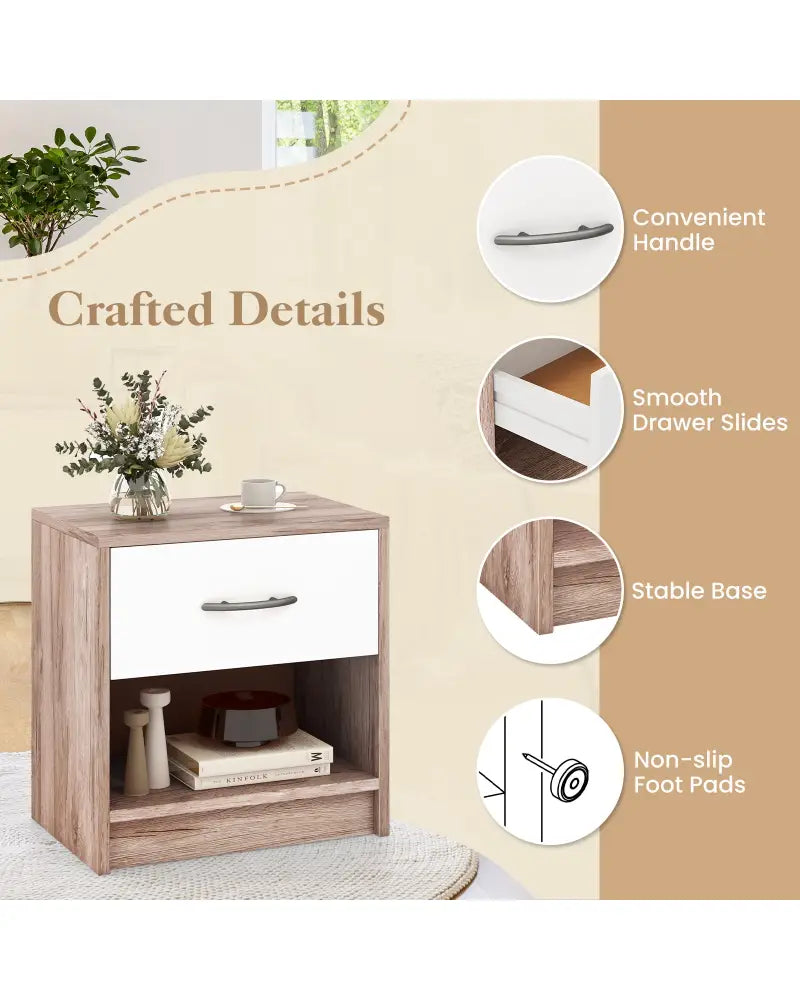 Bedside Table Nightstand with Drawer and Open Storage Shelf-Oak - Oak - Nightstands