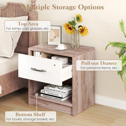 Bedside Table Nightstand with Drawer and Open Storage Shelf-Oak - Oak - Nightstands