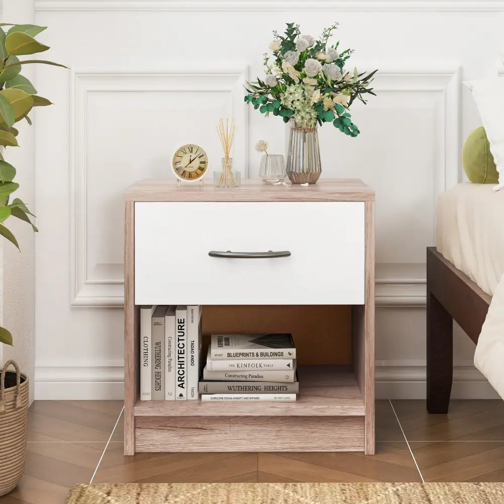 Bedside Table Nightstand with Drawer and Open Storage Shelf-Oak - Oak - Nightstands