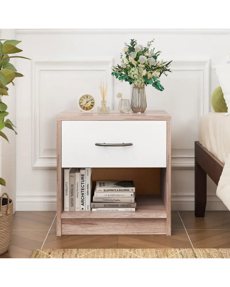 Bedside Table Nightstand with Drawer and Open Storage Shelf-Oak - Oak - Nightstands