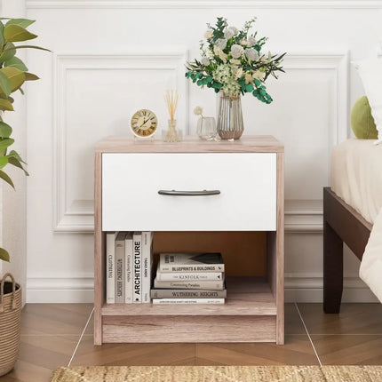 Bedside Table Nightstand with Drawer and Open Storage Shelf-Oak - Oak - Nightstands