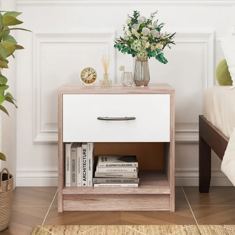 Bedside Table Nightstand with Drawer and Open Storage Shelf-Oak - Oak - Nightstands