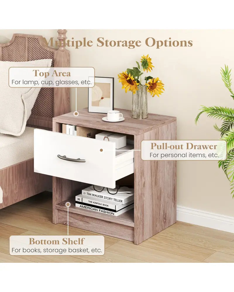Bedside Table Nightstand with Drawer and Open Storage Shelf-Oak - Oak - Nightstands