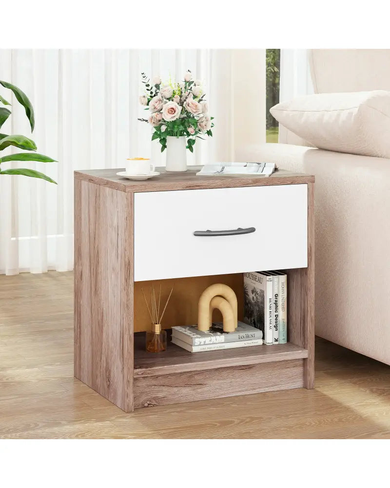 Bedside Table Nightstand with Drawer and Open Storage Shelf-Oak - Oak - Nightstands