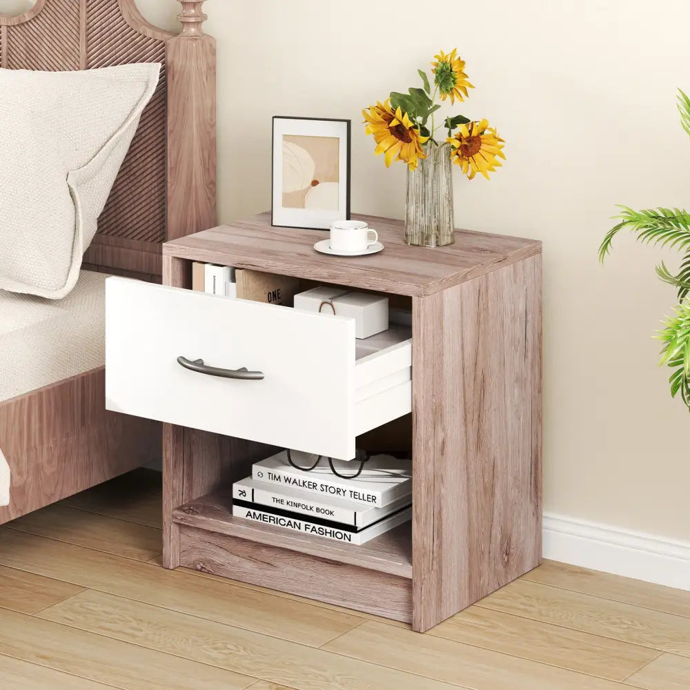 Bedside Table Nightstand with Drawer and Open Storage Shelf-Oak - Oak - Nightstands