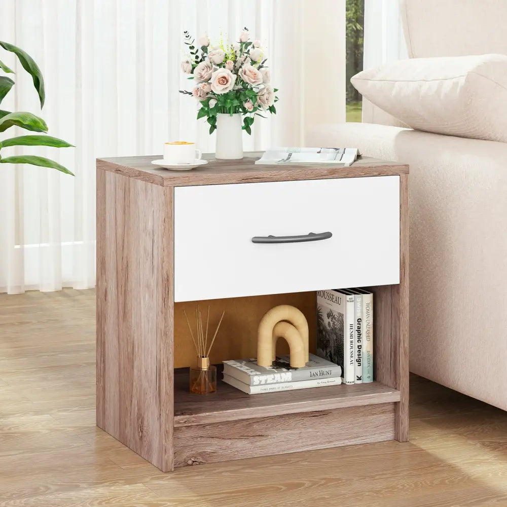 Bedside Table Nightstand with Drawer and Open Storage Shelf-Oak - Oak - Nightstands