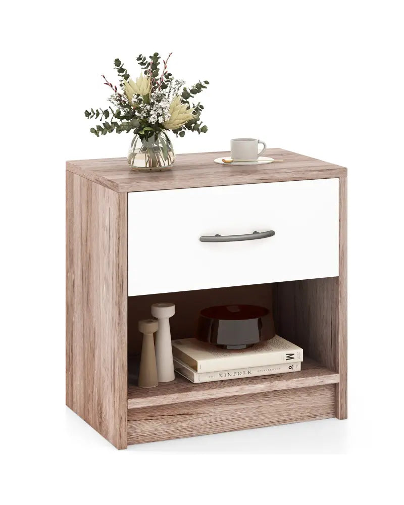 Bedside Table Nightstand with Drawer and Open Storage Shelf-Oak - Oak - Nightstands