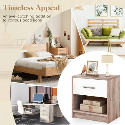 Bedside Table Nightstand with Drawer and Open Storage Shelf-Oak - Oak - Nightstands