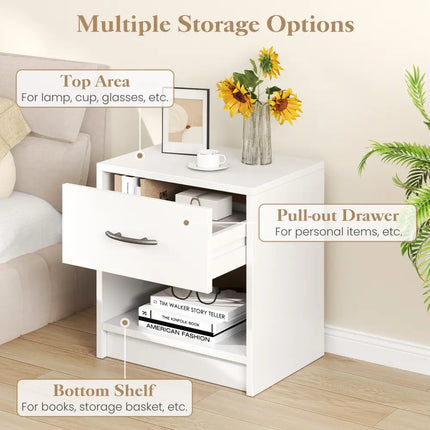 Bedside Table Nightstand with Drawer and Open Storage Shelf-White - White - Nightstands