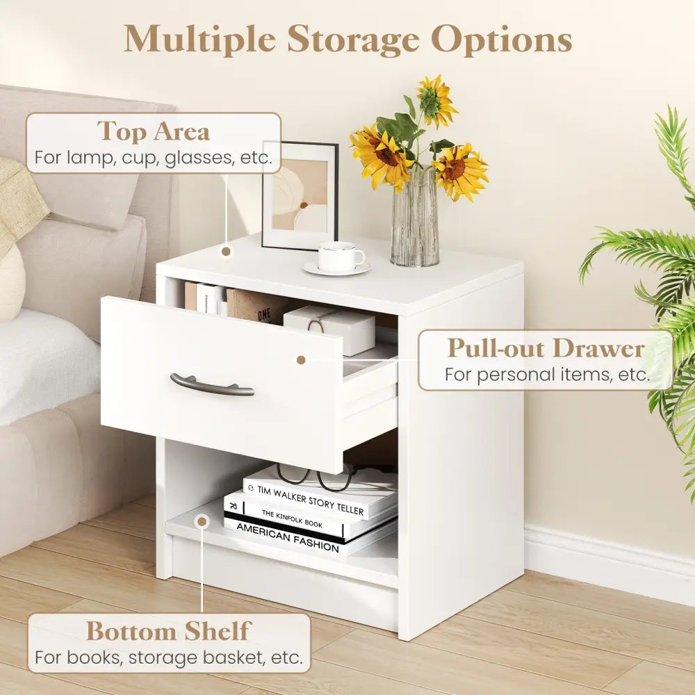 Bedside Table Nightstand with Drawer and Open Storage Shelf-White - White - Nightstands