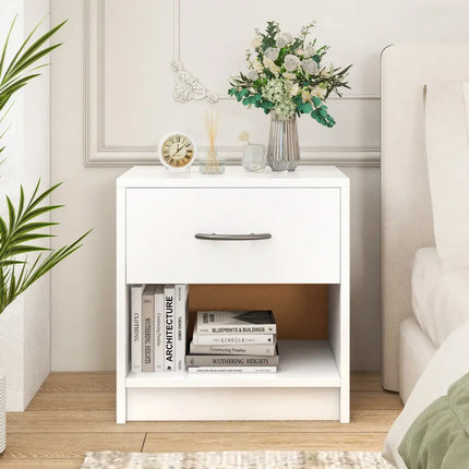 Bedside Table Nightstand with Drawer and Open Storage Shelf-White - White - Nightstands
