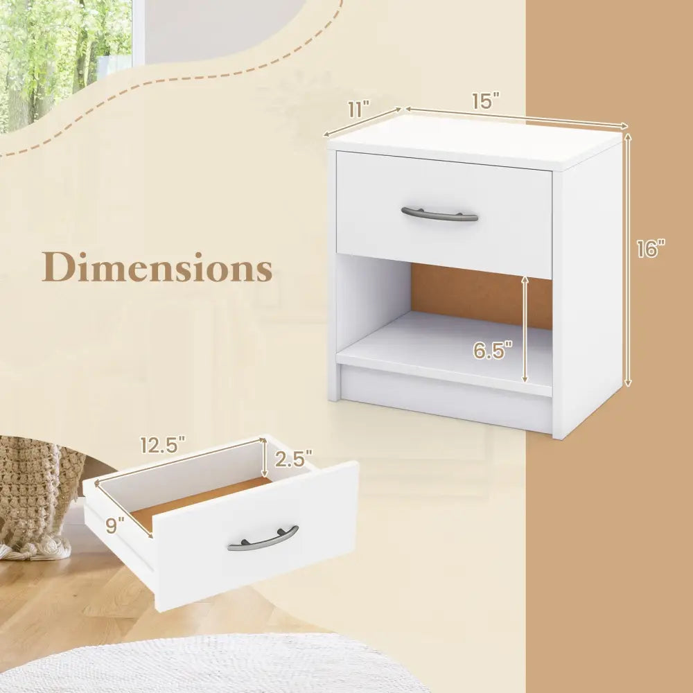 Bedside Table Nightstand with Drawer and Open Storage Shelf-White - White - Nightstands