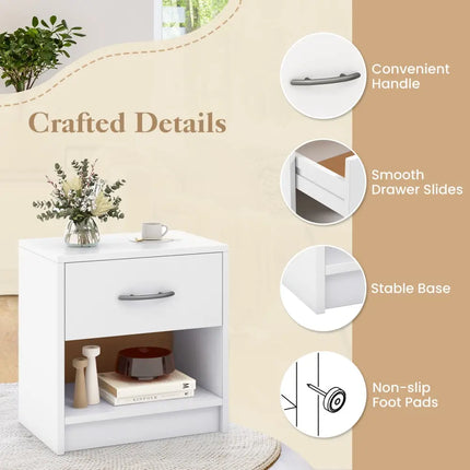 Bedside Table Nightstand with Drawer and Open Storage Shelf-White - White - Nightstands