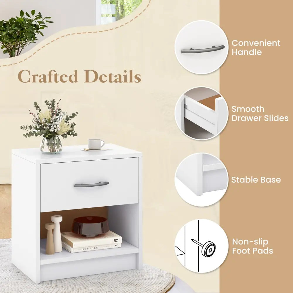 Bedside Table Nightstand with Drawer and Open Storage Shelf-White - White - Nightstands
