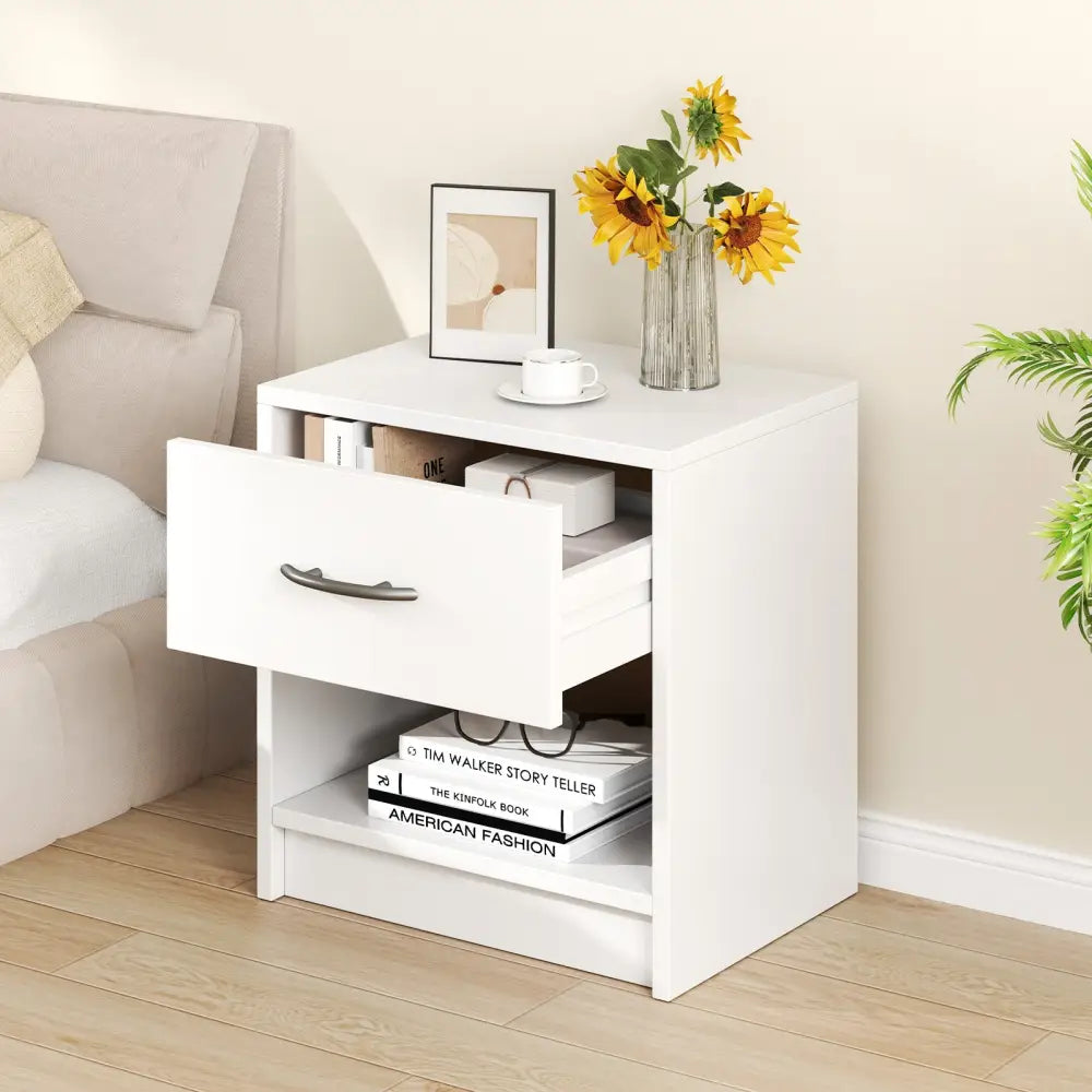 Bedside Table Nightstand with Drawer and Open Storage Shelf-White - White - Nightstands