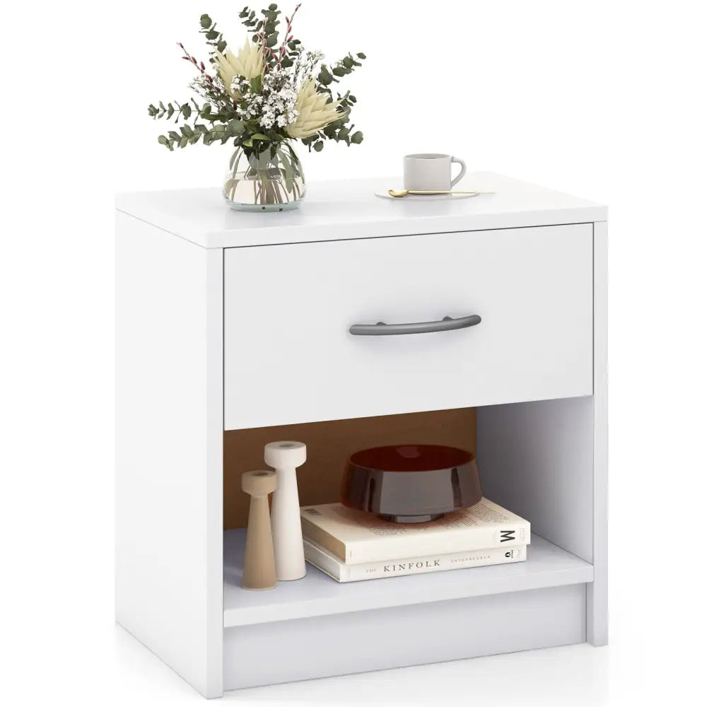 Bedside Table Nightstand with Drawer and Open Storage Shelf-White - White - Nightstands