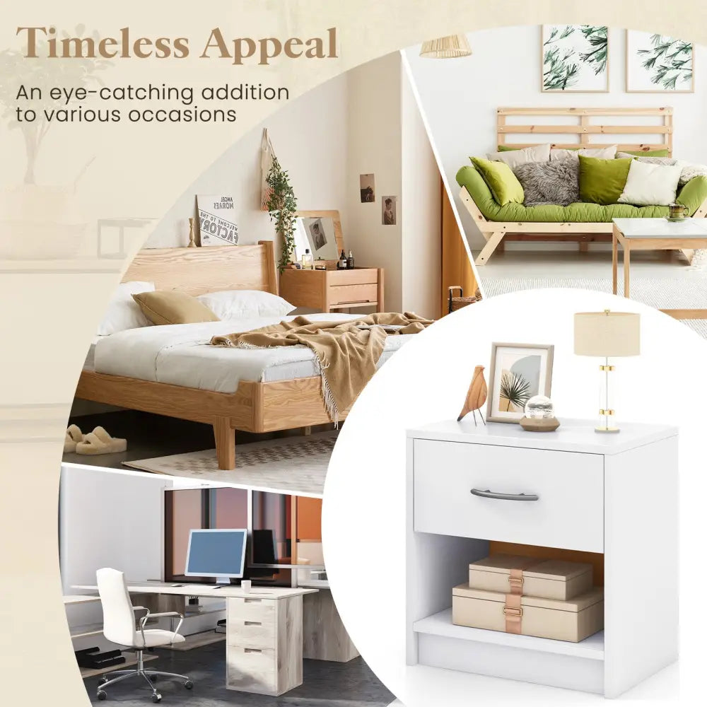 Bedside Table Nightstand with Drawer and Open Storage Shelf-White - White - Nightstands