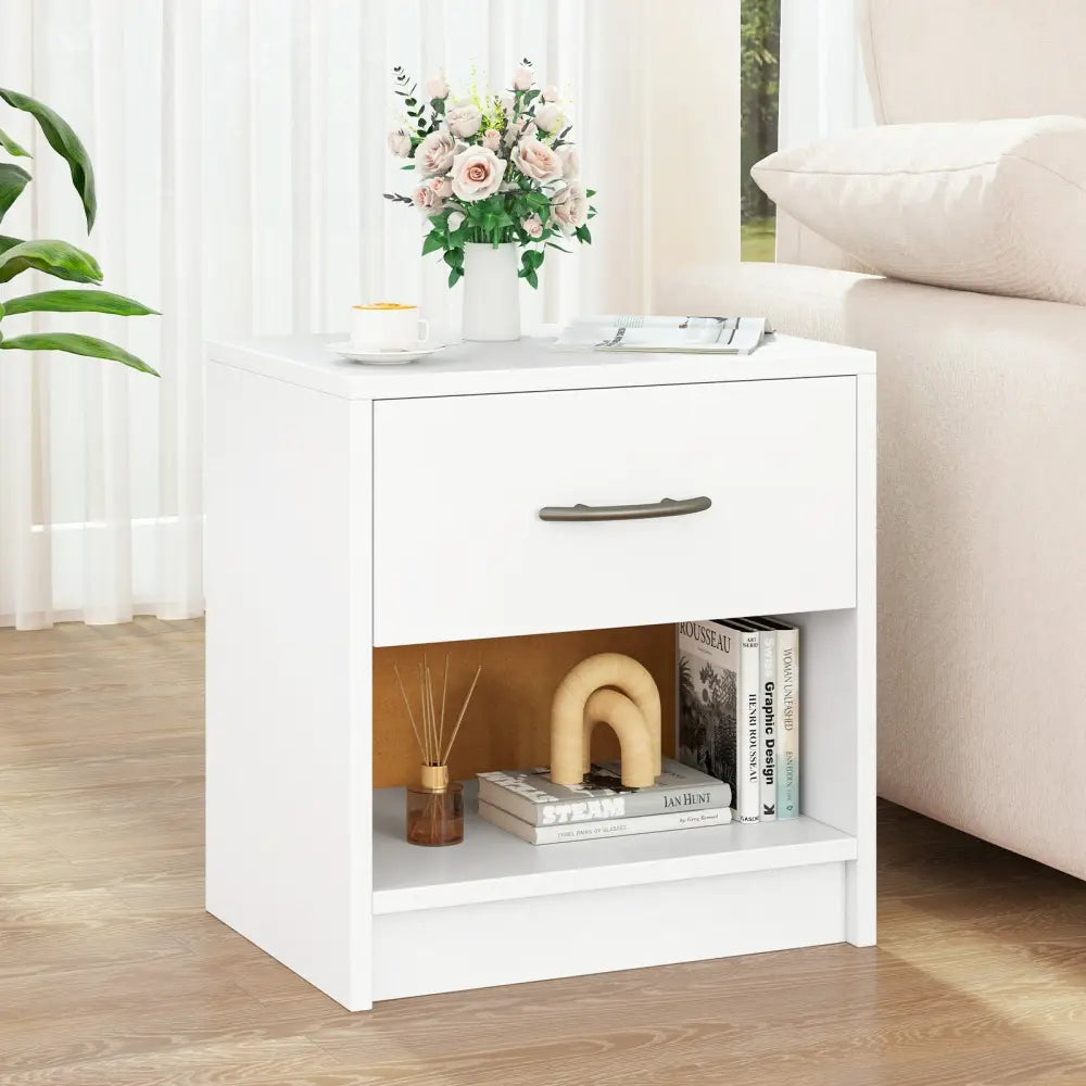 Bedside Table Nightstand with Drawer and Open Storage Shelf-White - White - Nightstands