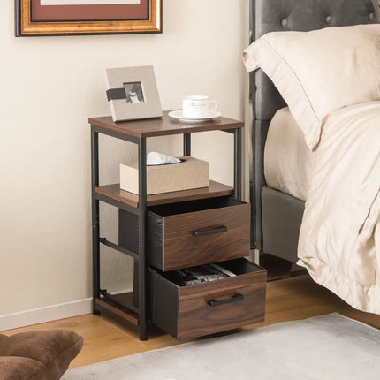 Bedside Table Set of 2 with Removable Fabric Drawers and Metal Frame-Walnut - Walnut - Nightstands