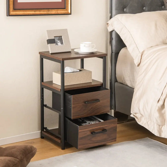Bedside Table Set of 2 with Removable Fabric Drawers and Metal Frame-Walnut - Walnut - Nightstands