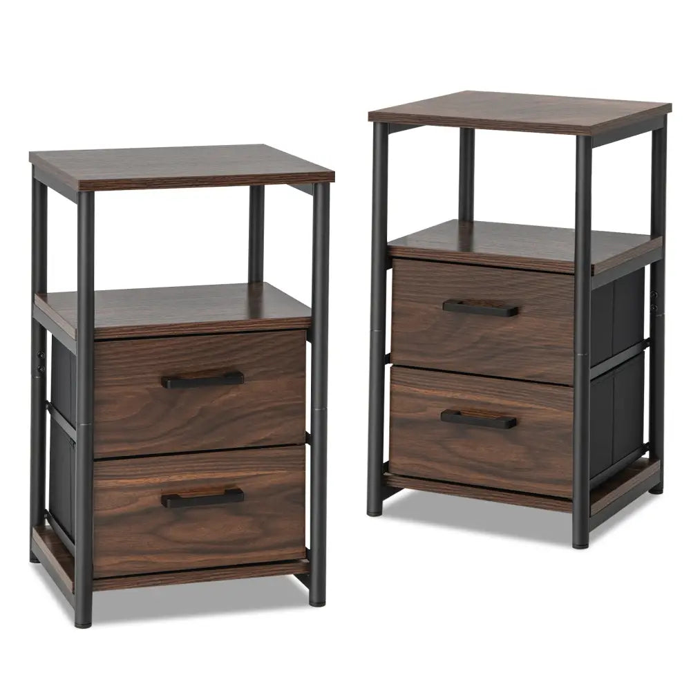 Bedside Table Set of 2 with Removable Fabric Drawers and Metal Frame-Walnut - Walnut - Nightstands