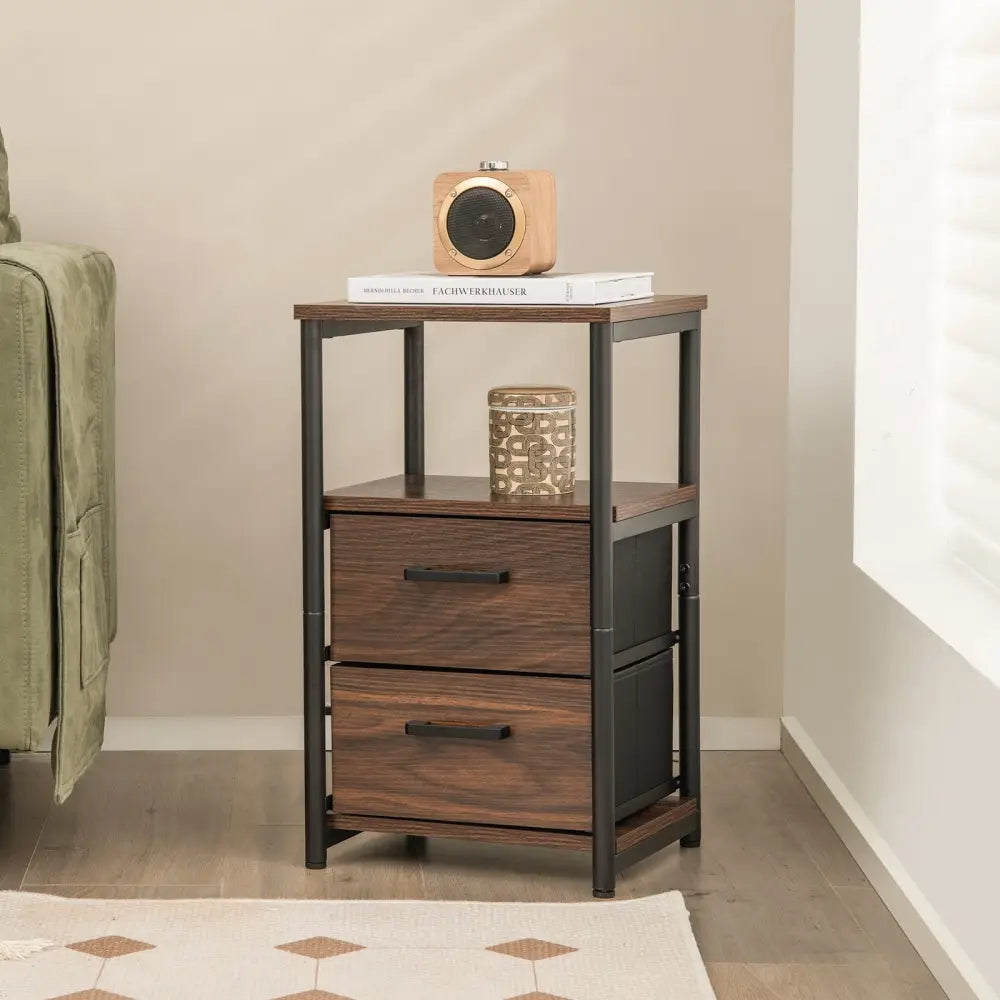 Bedside Table Set of 2 with Removable Fabric Drawers and Metal Frame-Walnut - Walnut - Nightstands
