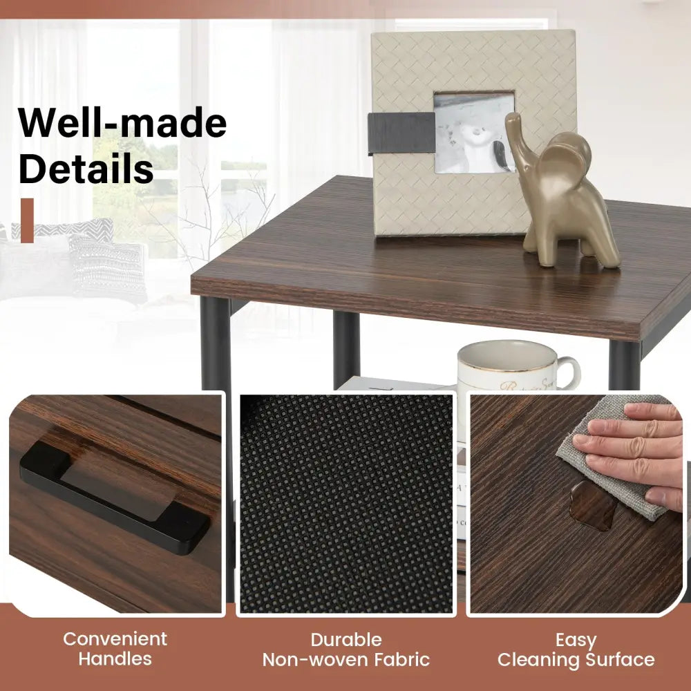 Bedside Table Set of 2 with Removable Fabric Drawers and Metal Frame-Walnut - Walnut - Nightstands