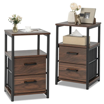 Bedside Table Set of 2 with Removable Fabric Drawers and Metal Frame-Walnut - Walnut - Nightstands