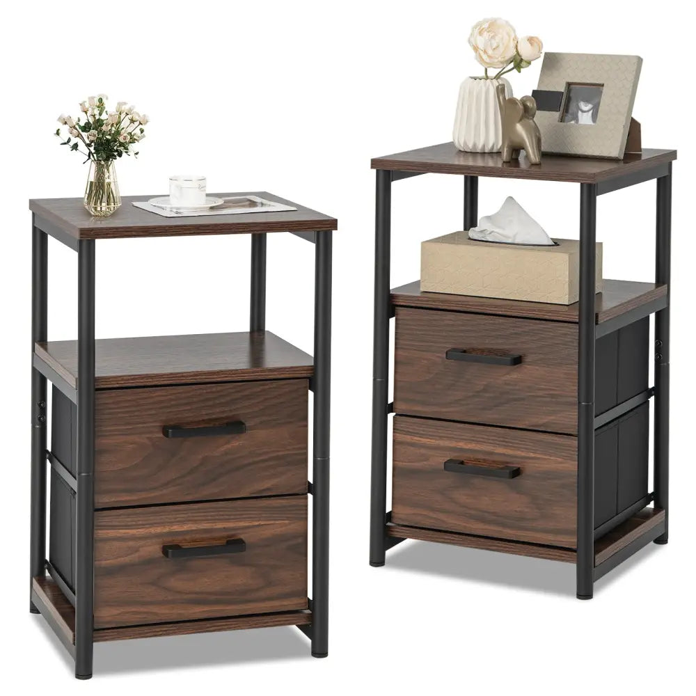 Bedside Table Set of 2 with Removable Fabric Drawers and Metal Frame-Walnut - Walnut - Nightstands