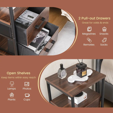 Bedside Table Set of 2 with Removable Fabric Drawers and Metal Frame-Walnut - Walnut - Nightstands