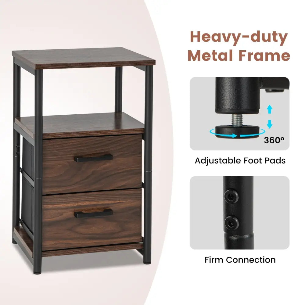 Bedside Table Set of 2 with Removable Fabric Drawers and Metal Frame-Walnut - Walnut - Nightstands