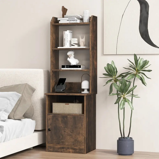 Bedside Tables Tall Nightstands with 5 Open Shelf and Cabinet-Rustic Brown - Rustic Brown - Bookcases