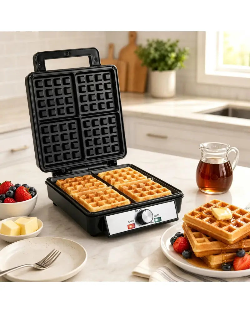 Belgian Waffle Maker 4-Slice 1200W with Browning Knob and Nonstick Plates-Black & Silver - Black - Small Appliances