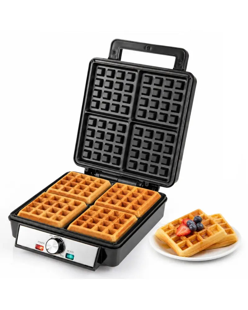Belgian Waffle Maker 4-Slice 1200W with Browning Knob and Nonstick Plates-Black & Silver - Black - Small Appliances