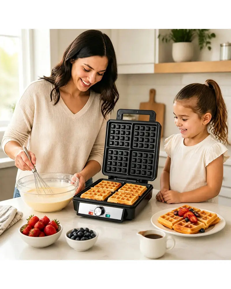 Belgian Waffle Maker 4-Slice 1200W with Browning Knob and Nonstick Plates-Black & Silver - Black - Small Appliances