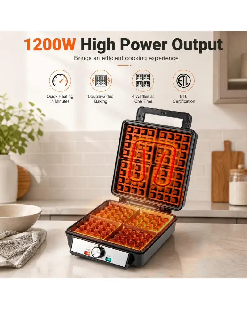 Belgian Waffle Maker 4-Slice 1200W with Browning Knob and Nonstick Plates-Black & Silver - Black - Small Appliances
