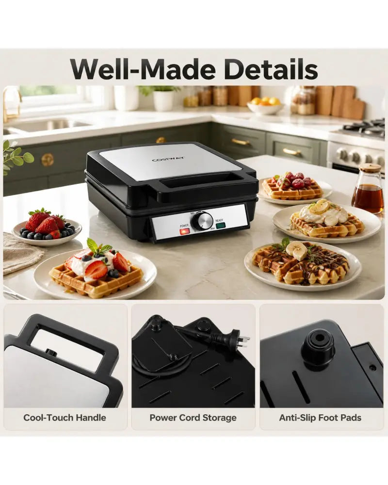 Belgian Waffle Maker 4-Slice 1200W with Browning Knob and Nonstick Plates-Black & Silver - Black - Small Appliances
