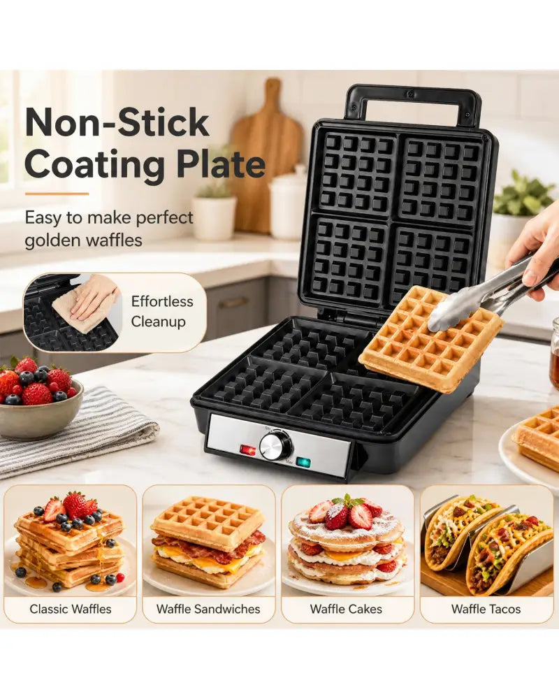 Belgian Waffle Maker 4-Slice 1200W with Browning Knob and Nonstick Plates-Black & Silver - Black - Small Appliances