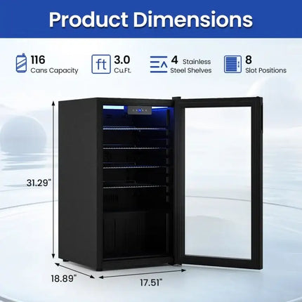 Beverage Refrigerator Cooler with Glass Door - Black - Black - Wine & Beverage Coolers