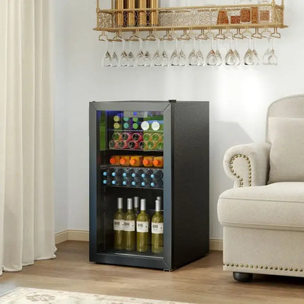 Beverage Refrigerator Cooler with Glass Door - Black - Black - Wine & Beverage Coolers