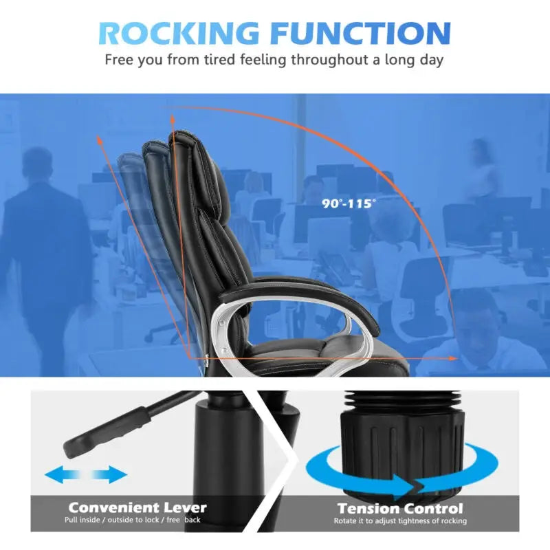 Big and Tall Adjustable High Back Leather Executive Computer Desk Chair - Black - Executive Chairs