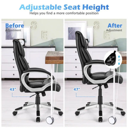 Big and Tall Adjustable High Back Leather Executive Computer Desk Chair - Black - Executive Chairs