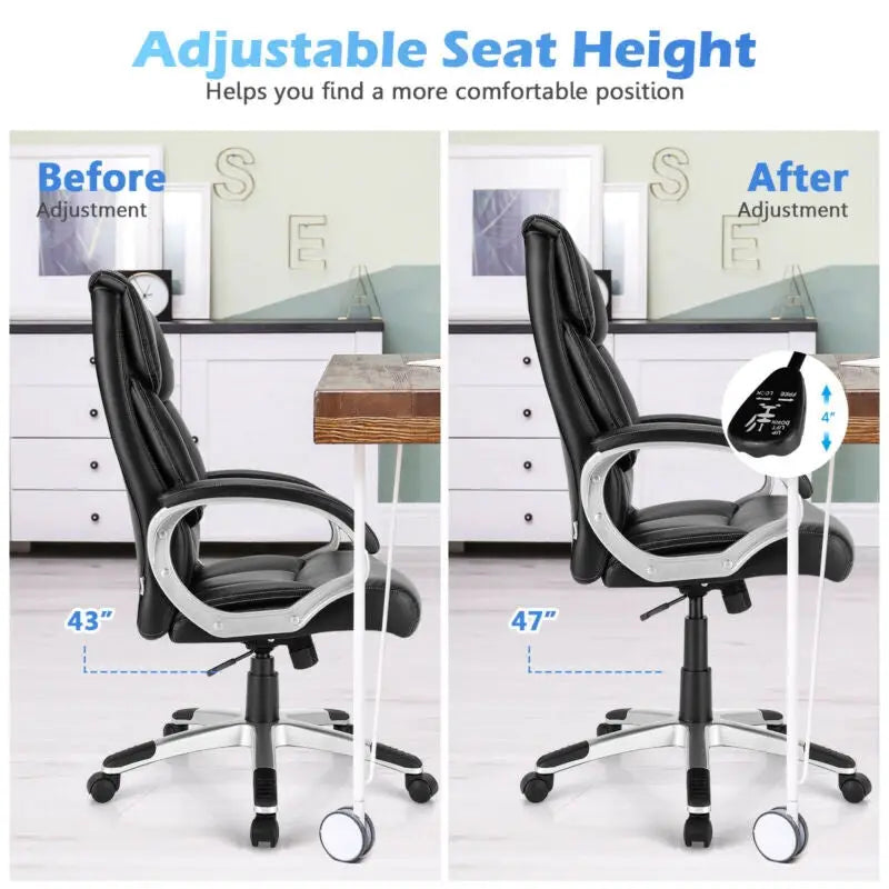 Big and Tall Adjustable High Back Leather Executive Computer Desk Chair - Black - Executive Chairs