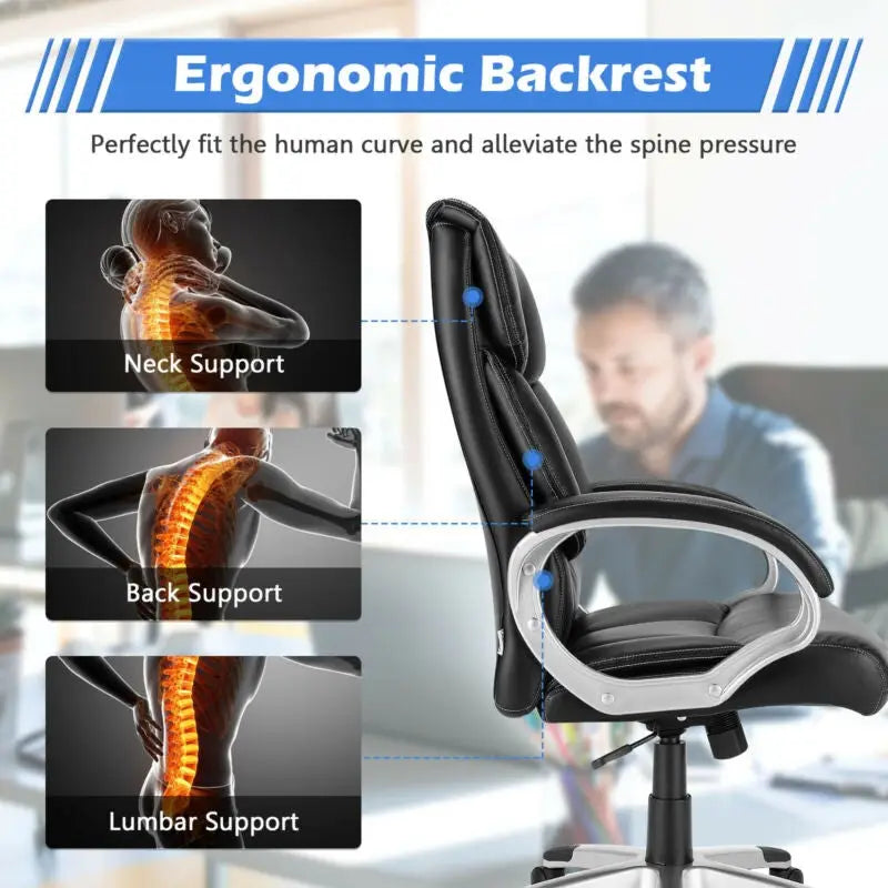 Big and Tall Adjustable High Back Leather Executive Computer Desk Chair - Black - Executive Chairs