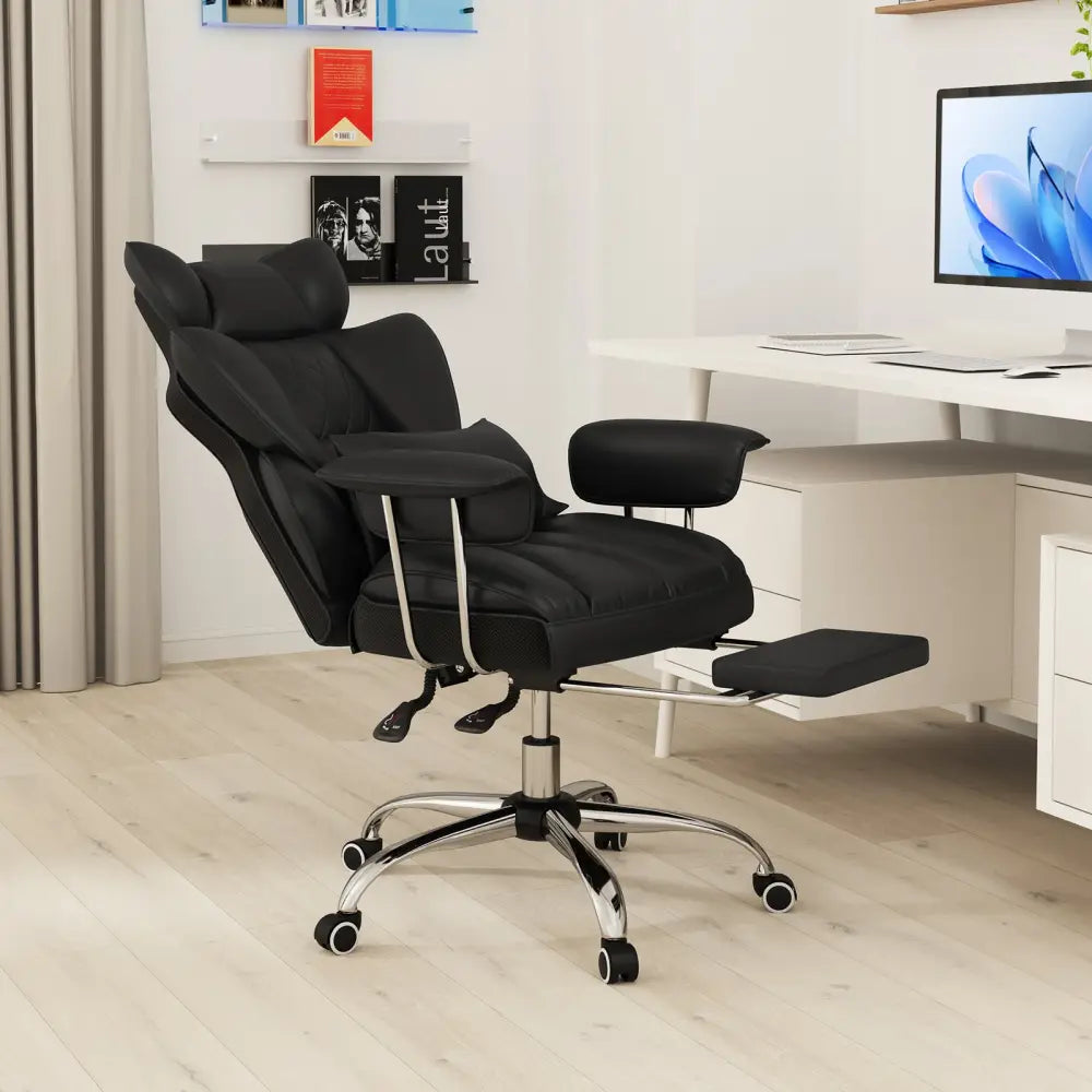Big and Tall Executive Office Desk Chair with Footrest and Lumbar Support-Black - Black - Executive Chairs