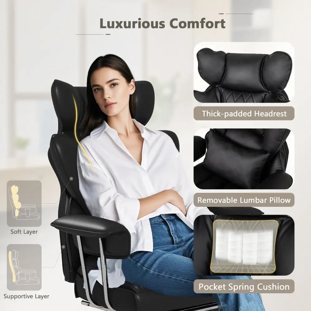 Big and Tall Executive Office Desk Chair with Footrest and Lumbar Support-Black - Black - Executive Chairs