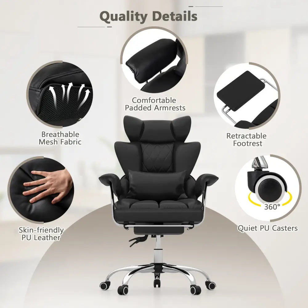 Big and Tall Executive Office Desk Chair with Footrest and Lumbar Support-Black - Black - Executive Chairs