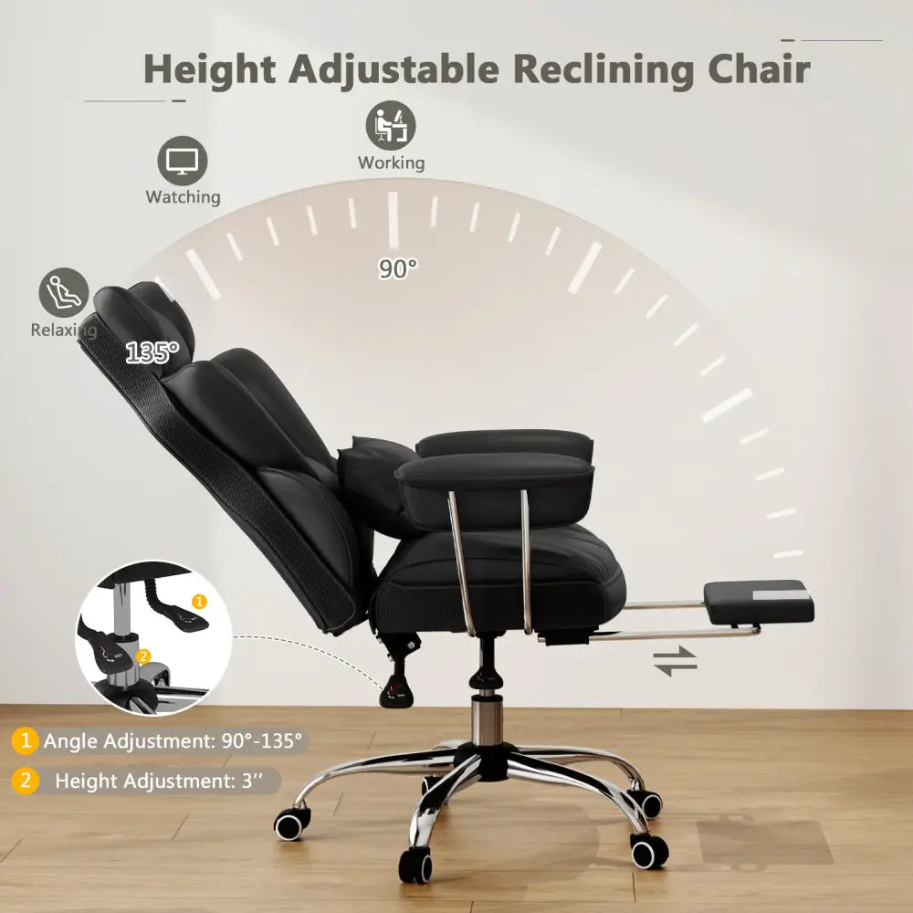 Big and Tall Executive Office Desk Chair with Footrest and Lumbar Support-Black - Black - Executive Chairs