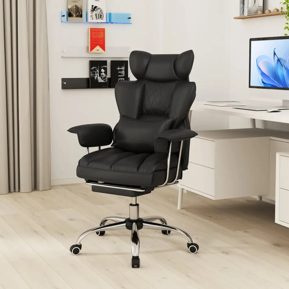 Big and Tall Executive Office Desk Chair with Footrest and Lumbar Support-Black - Black - Executive Chairs